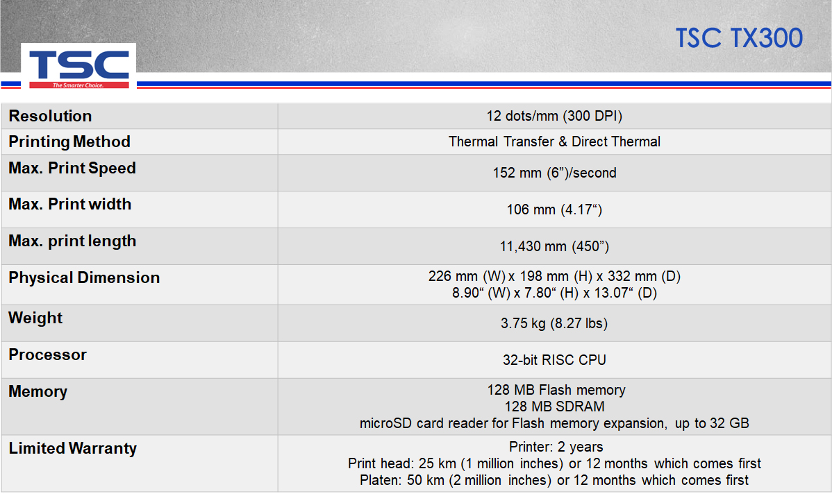 TSC TX300 Printer Specification