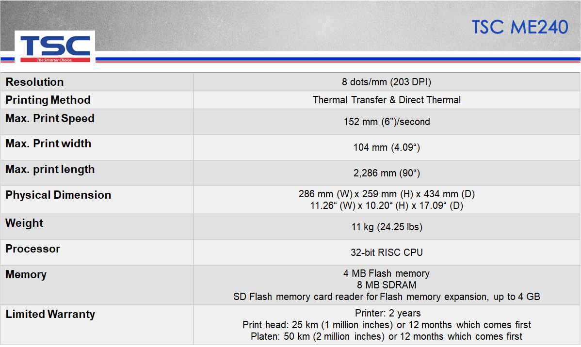 TSC ME240 Printer Specification