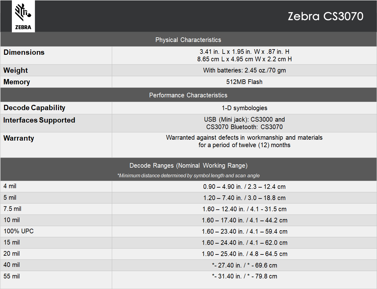 Zebra CS3070 Series Specification