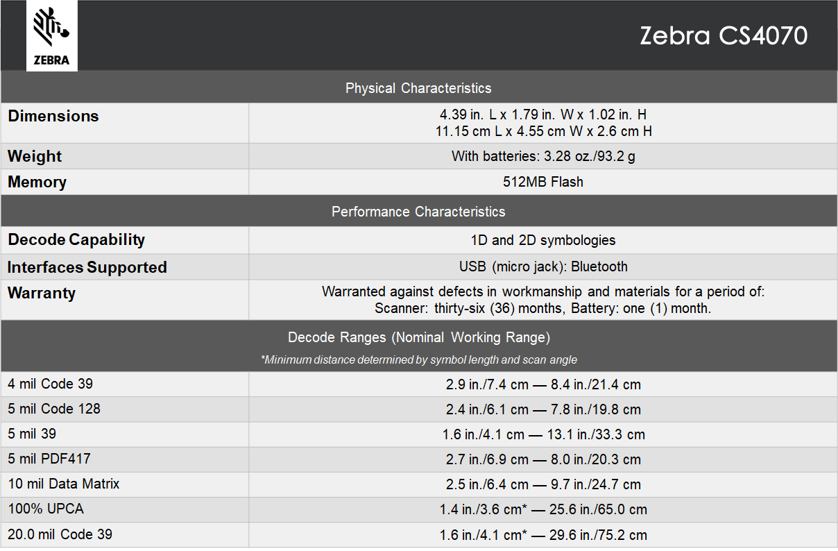 Zebra CS4070 Specification