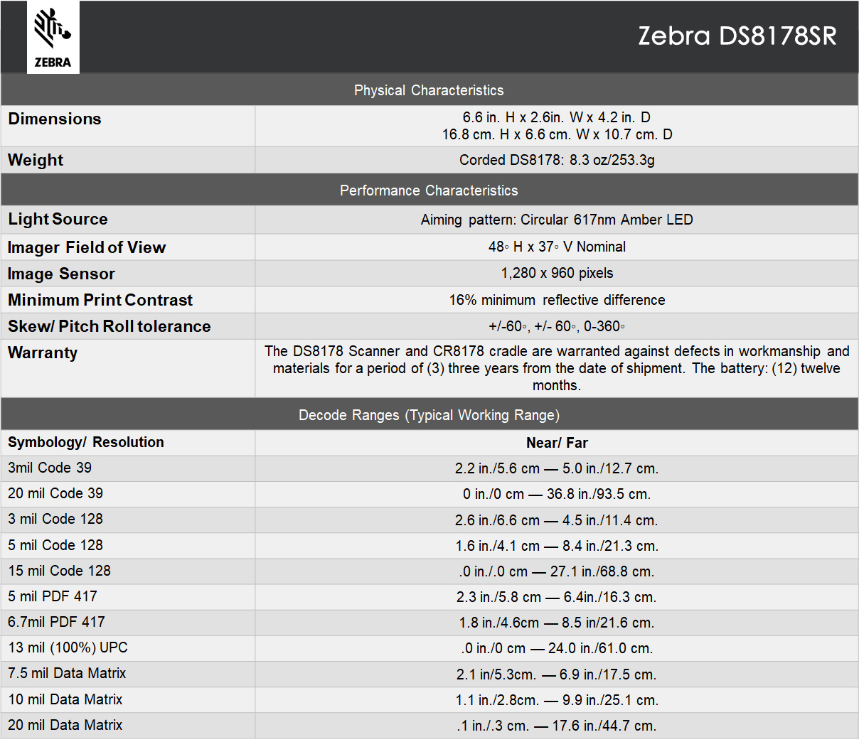 Zebra DS8178SR Specification