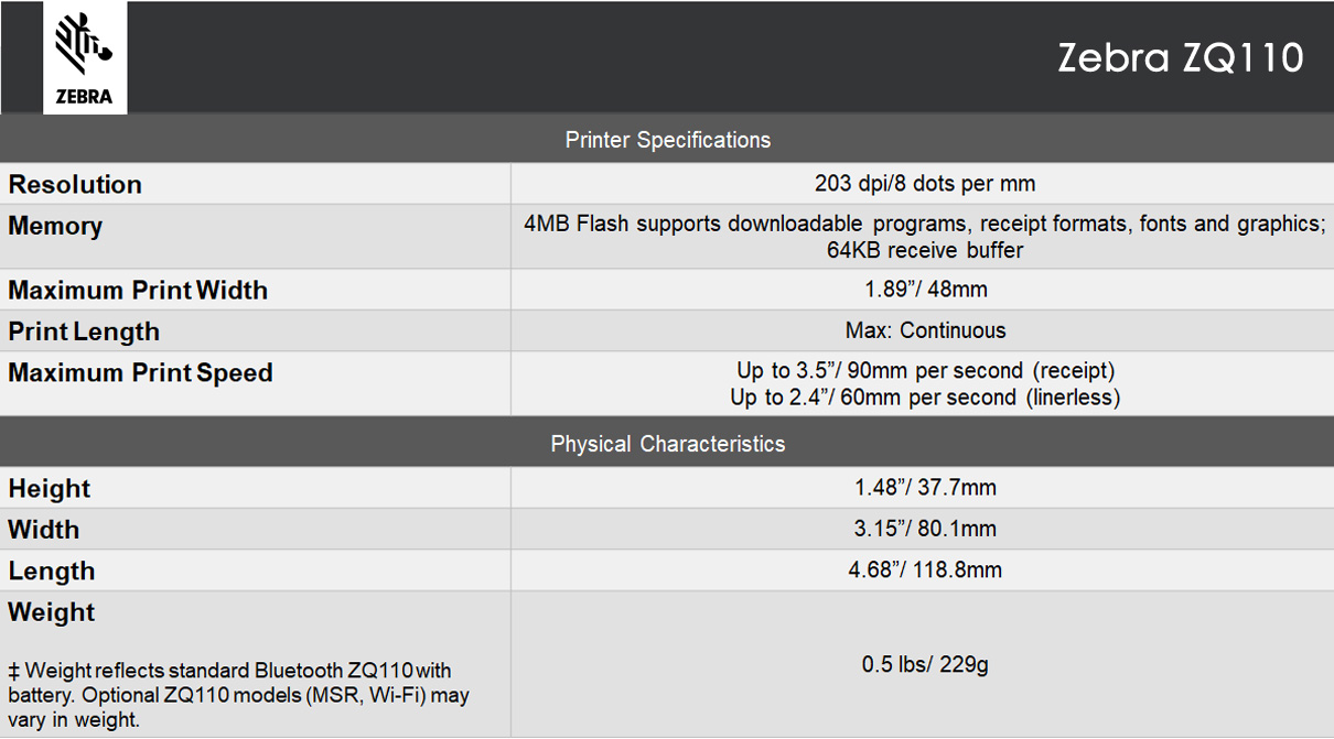 Zebra ZQ110 ™ Series Specification