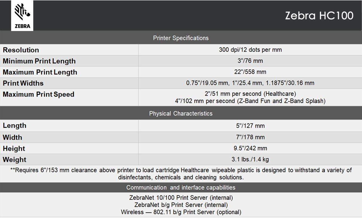 Zebra HC100™ Wristband Printer Specification