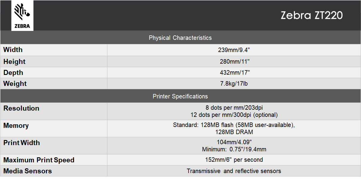 Zebra ZT220™ Industrial Printer Specification